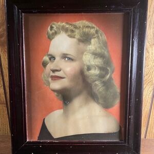 Vintage Hand Tinted Portrait Photograph Woman Red Background Framed 12x10 1940's